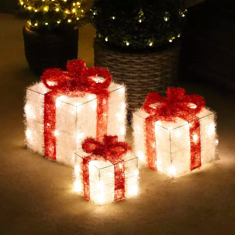Set of 3 battery-operated light-up gifts with 65 LEDs (30 cm high) and warm red and white ribbon