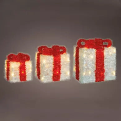 Set of 3 battery-operated light-up gifts with 65 LEDs (30 cm high) and warm red and white ribbon