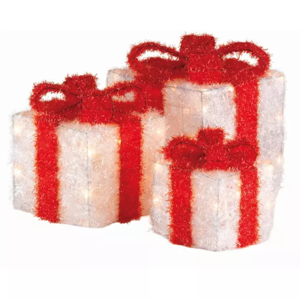 Set of 3 battery-operated light-up gifts with 65 LEDs (30 cm high) and warm red and white ribbon